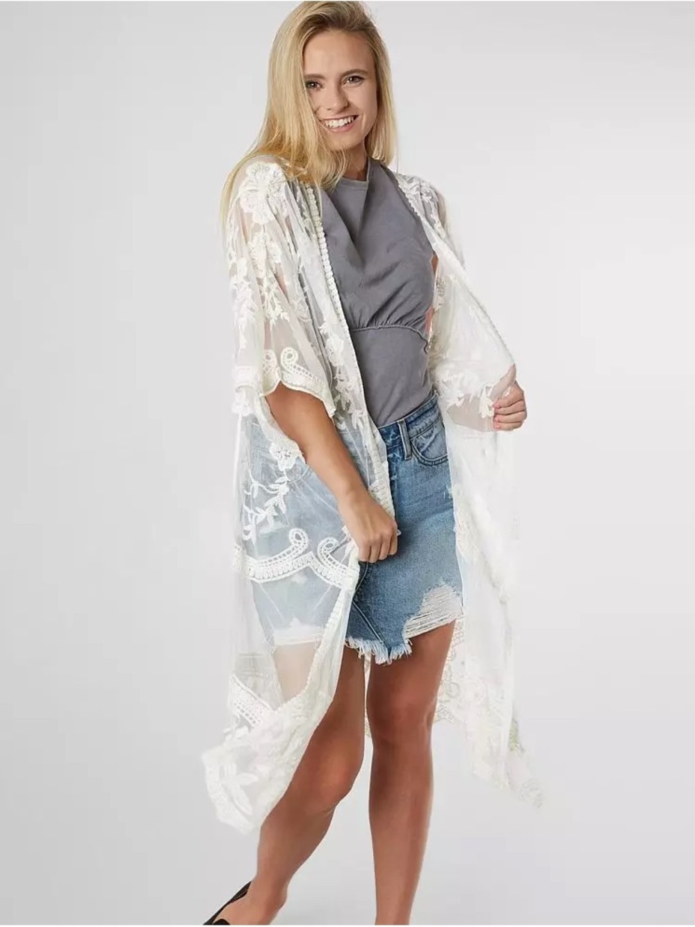 Sheer White Embroidered Lace Kimono - Women's Lightweight Cover-Up
